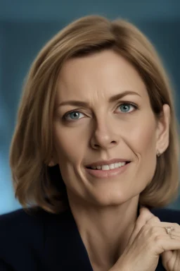 Powerful classical portrait of a modern brunette politician in her late 40s wearing a blue top a little zoomed out