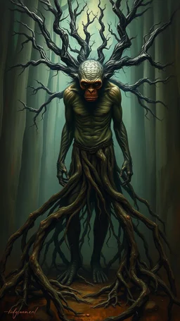 Bosch painting style nightmare, a man with legs looks like tree roots , his head is monkey head , dramatic sad scene, fantasy,