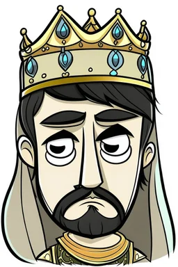 "Draw an Arabian king with sharp features, black hair, and large eyes. His features are scary and cold, and his hair reaches his shoulders."