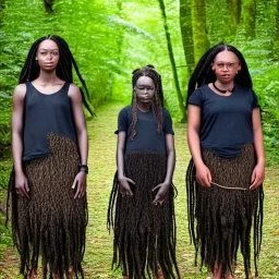 photo. .three women. A mother. Two daughter. Twins. A mother with her children. three young black women. wood nymphs emerging from the forest. Her hair looks like vines. Dreadlocs. Her skin is the colour of dark soil. Her skin looks like tree bark. Her clothing is made of vines, grass and leaves.