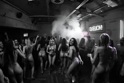 dans golv på en nedsliten sunkig techno club, många personer som dansar, yppiga lättklädda kvinnor, scen rök och ljus strobes, svartvit bild, en del personer ser in i kameran och skriker: "Benny!" och en Neon Skylt med texten "DJ ROY" på väggen
