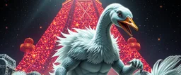 brilliant detailed full figure portrait disco glittery goose slug alien fluffy muscle man dino anime in the style of Escher and Giger in front of tower of glitter