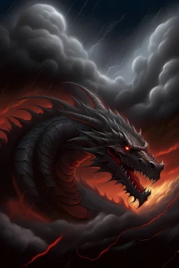 Create an artwork of a massive storm cloud in the shape of a fierce dragon, set against a turbulent sky. The dragon-shaped cloud should have detailed scales in shades of dark grey and silver. Its eyes are piercing and fiery red, glowing intensely. The dragon's mouth is open, emitting bolts of lightning that crackle through the sky. The background sky is a deep, ominous grey with occasional distant lightning, adding a sense of impending storm and power to the scene.