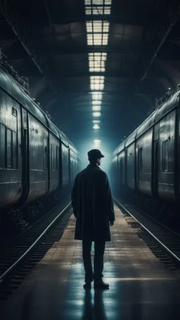 Si Fi, a man standing in a train station atmospheric lighting effects, intricate industrial details, moody atmosphere, eerie grimdark ambiance, complex motherboard accents, speculative fiction art. Bokeh