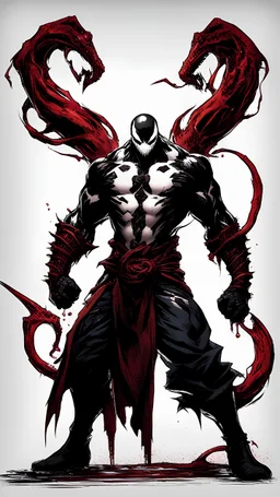 A close picture of Venom symbiote with kratos red tattoos and Clothes, holding blade of choice