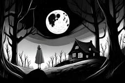 scene, horizontal black and white, forest fog, superbig full moon, moon is a center of image, tim burton character, woman wiht cape and hood, woman stand up on spiral rock, face woman sad, super big eyes, circles eyes, background old house