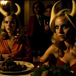 Horror movie shot, spooky, hot, ultra realistic, dine, horns, ultra realistic hot blonde women, party,m, organic, ail, dynamic, very excited people, hypermaximalist, figures, light, 1970's Italian horror movie, sinister, Dario Argento, Stanley Kubrik, ornate, 4k, photorealism