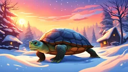 A turtle in a snowy village, a magical forest and a beautiful sunset, cartoon, style