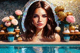 pool mosaic, 3D mirror pieces, beautiful composition, holographic marble pieces, brunette female, dessert shop, flowers, ethereal in sunshine, shading pastel and charcoal golden and ochre, golden glitter, , golden patina, corrosion