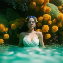 Pelin Batu underwater with yellow flowers for hair, closed eyes, rtx, reflection, 8k, glow, winning photography, caustics