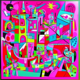 A pink kingdom with cybernetic fairies painted by Stuart Davis
