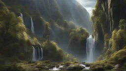 a steep 3.000 foot tall mountain valley. multiple waterfalls. a medieval danish city at the bottom of the valley. a masterpiece, fantasy concept art, dynamic lighting, hyperdetailed, intricately detailed, deep color, Unreal Engine, volumetric lighting, Epic cinematic brilliant stunning intricate meticulously detailed dramatic atmospheric maximalist digital matte painting