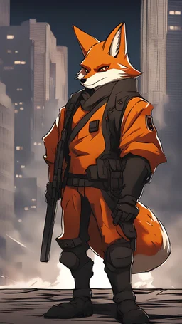 A human being in the form of a fox, not a human being, a short nose, Features of a male fox, serious features, character specifications are enthusiastic, emotional and somewhat selfish, high quality, the character is a fighter, war, the background is a developed but destroyed city, Cinematic shot, scary shape, multiple colors, high contrast, professional anime drawing , Professional anime style ، 4K .