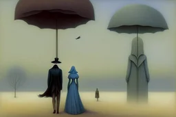 two people seen from behind walking side by side in an empty foggy plain, above there is blue sky by artist "Leonora Carrington",by artist "Christian Schloe",by artist "Kay Sage"