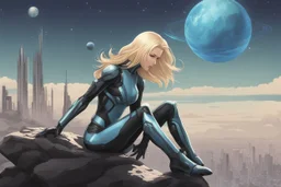 woman in an android-looking catsuit, with shoulder-length blond hair, sitting on a rock, sideways, with a planet behind her, a futuristic city on the horizon