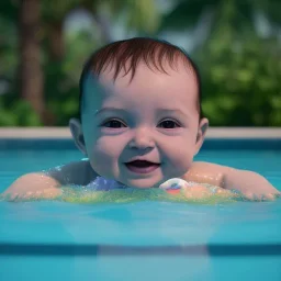 Cute Baby swimming in pool unreal 5, octane render,cinema4d, dynamic lighting, dramatic lighting, 4k, redshift render, highly, hyperrealism detailed, hyper realistic.