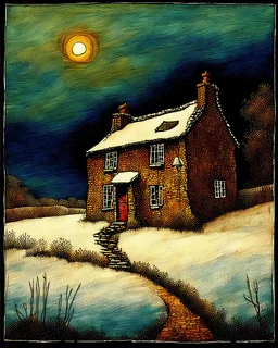 lone old stone cottage with lights on, by Frozen apocalypse " a patchwork art by Jamie heiden, peter doig, Renoir, pol Ledent, endre penovac, Gustave Loiseau, Arthur Rackham, Doug Chinnery, Maud Lewis. inlay, watercolors and ink, beautiful, fantastic view, extremely detailed, intricate, best quality, highest definition, rich colours. intricate beautiful dynamic lighting award winning fantastic view ultra detailed 4K 3D high definition hdr elegant intricate beautiful award winning fantastic view