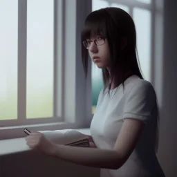 female student studying by the window, anime style, unreal engine 5, studio lighting --ar 2:1