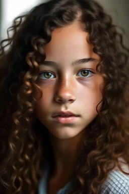 14 year old girl with heterochromie, dark brown eyes, long dark brown frizzy curls, freckles all over the face