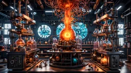 3D rendering of expressively detailed and intricate of a hyperrealistic chemistry laboratory experiment: front view, colorful paint, tribalism, steampunk, shamanism, cosmic fractals, dystopian, octane render, volumetric lighting, 8k post-production, detailed metallic objects, dendritic, artstation: award-winning: professional portrait: atmospheric: commanding: fantastical: clarity: 16k: ultra quality: striking: brilliance: stunning colors: amazing, beautiful, stunning composition, mouse