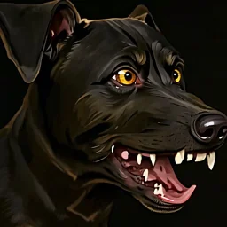 illustration of an angry black terrier on black background, yellow eyes