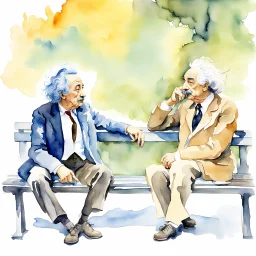 Watercolor painting of Salvador Dali and Albert Einstein sitting on a park bench and talking.