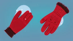 fantasy cartoon style illustration: one red mitten on the snow