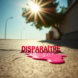 plastique rose qui fond au soleil sur le bitume brûlant, avec le mot français "DISPARAITRE", canicule, soleil éblouissant