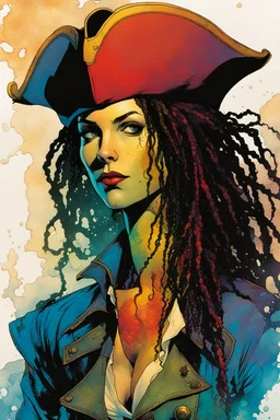 create an imaginative female, ornately dressed Venetian pirate with finely detailed facial features, short dreadlock hair, in the comic book art style of Bill Sienkiewicz, Mike Mignola, and Jean Giraud Moebius, finely textured, drawn, colored, and inked