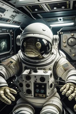 Primer plano de una tortuga astronauta con traje espacial blanco, dentro de la capsula espacial, ambiente tenso justo antes del despegue, el entorno son equipos electonicos, electricos, computadoras