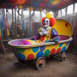 in the wagon bathtub (crazy psychedelic high res photo by Russ Myer) the colourful woman clown take a barh after the show