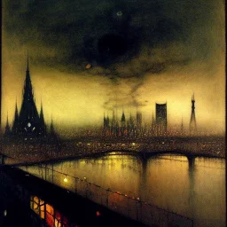 Metropolis Skyline ,dark colours, watercolor, volumetric wool felting, macro photograph , by john atkinson Grimshaw, detailed painting,matte painting, alphonse mucha, greg rutkowski