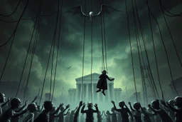 an evil government towers above, pulling the strings of puppets below, the news broadcasts the puppets' suffering everywhere, dystopian, dread, horror