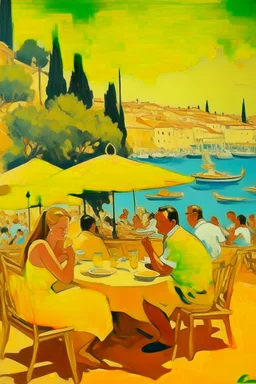 cote d'azur tarras with people eating painting yellow neoclassism