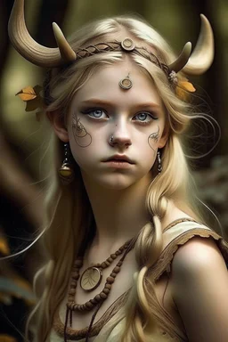 pretty girl, aged 16, blonde, conventionally attractive, dreamy, faun, satyr, tribal