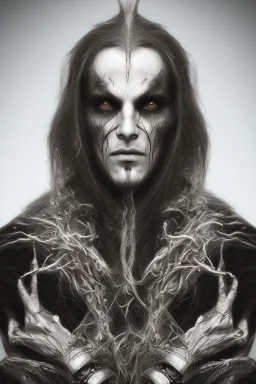 Symmetric portrait of a man with black metal facepaint , looking like Nergal from Behemoth