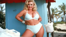 [high res colour photo by Russ Meyer: pull-up thick diapers, seen from bellow] blonde Sally has an idea for a business. She knows that there were incontinent women like herself with large busts out on the beach and she is missing adult ultra thick pull-up diapers with the matching bras. Her concept is to pair diaper designs with bra designs, specifically themed for outdoor wear.