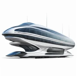 Modern futuristic tranvia in cartoon Zaha Hadid style on white background, png, high resolution, highly detailed texture. By drone