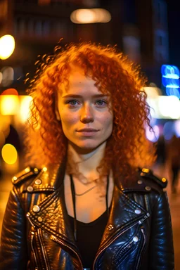 Young woman, curly hair, redhead, green eyes, freckles on face, looking confident, wearing a black belted perfecto leather jacket with leather epaulettes, wearing black leather trousers, wearing black choker, portrait at night, in a crowded metropolis