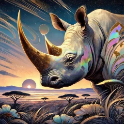 Iridescent Art Nouveau painting by Jean Baptiste Monge, Victor ngai, featuring a (close-up African rhinoceros in a Serengeti grassland) at night}, luxurious silk texture, pale watercolor blend, ink splatter gouache, golden foil detail, Japanese Mokuhanga art. Detailed wrinkled rough epidermis and a weathered tusk