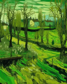 A lime green poisonous swamp in a nuclear city painted by Vincent van Gogh