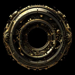 create me a thin round, ornate golden ring. mechanical cyberpunk style. background should be #000000 full black. no face should be visible. its just the rim. the middle should contain the letter H