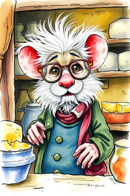 SKETCH WATERCOLOR PASTEL COLOURS - “Mr. Whiskers McStreusel old mouse inside his magic cheese shop, a wiry fellow with wild white hair and glasses so large they practically covered his whole face.”