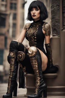 full-body-art of a woman with a bob with a fringe hairstyle, Cleopatra clothing, black knee-high boots, steampunk city background