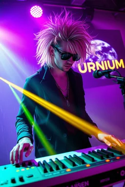 French cool synth player with crazy techno acid hair, he is called "Jean-Maurice Brûlée" performing at dance club, his name is "Jean-Maurice Brûlée" , white and purple Neon lights and purple smog, yellow shower rain, and "URINIUM" big sign on the wall, he is playing on synthesizers on stage with lot of laser beams and wearing black sunglasses, an earth is projected in background