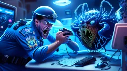 male cop dispatcher deals with evil virus hatching from the phone