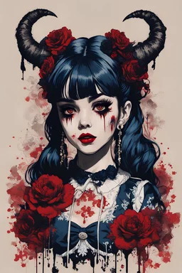 Poster in two gradually, a one side malevolent goth vampire girl face and other side the Singer Melanie Martinez face, full body, painting by Yoji Shinkawa, darkblue and sepia tones, wears a smart shirt which is embroidered with red flowers and ornaments, has dark eyes and horns,
