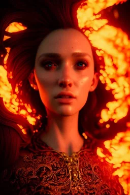 portrait of samantha prince set in fire, cinematic lighting, photorealistic, ornate, intricate, realistic, detailed, volumetric light and shadow, hyper HD, octane render, unreal engine insanely detailed and intricate, hypermaximalist, elegant, ornate, hyper-realistic, super detailed --v 4