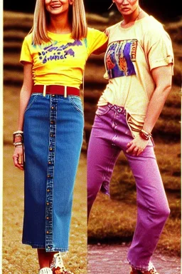 year 1996 denim fashion. Loose skirt, low waist. Combat t-shirt. Colors: denim blue, blue, purple, cream, khaki, light green, lilac, plum, orange, terracotta, red, light yellow, pink, dark blue, beige. Latex in small part. Something between camouflage and cheetah prints.. bridget jones and jennifer lopez