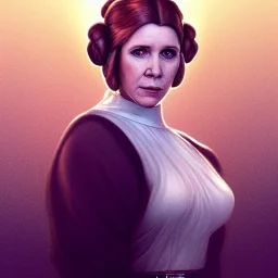 low angle beautiful half-body-portrait photo of princess leia from Star Wars played by Carrie Fisher, in the style of horizon zero dawn wlop, artgerm, akihiko yoshida, and liang xing, detailed face, doe eyes, intricate hair style, symmetrical eyes, trending on artstation, highly detailed, white dress, dynamic pose, intricate outfit, futuristic weapon, space ship and galaxy background